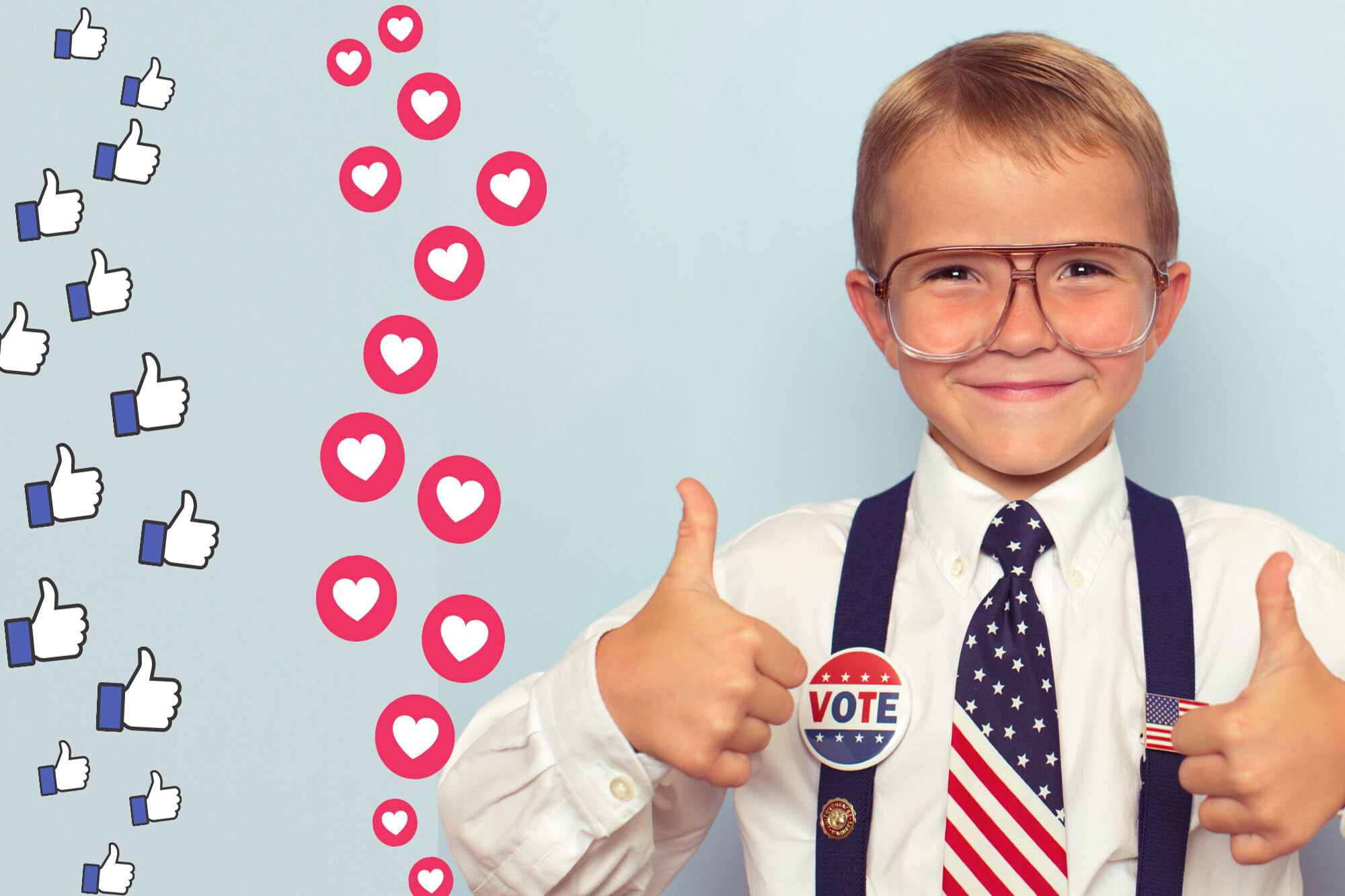 Young boy wearing glasses, white button down shirt, and an American flag tie. He has on suspenders and a vote pin. Social media likes and hearts are going up the page. Young politician.